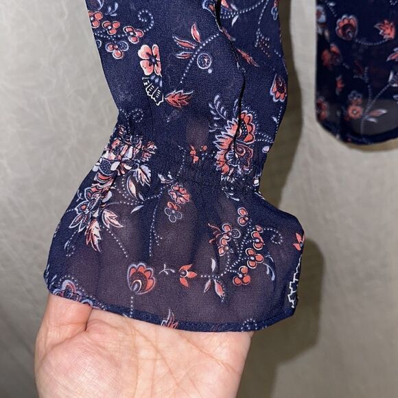 Joie S Navy Floral Silk Romantic Button Front Ruched Back Long Sleeve Blouse - Picture 6 of 12